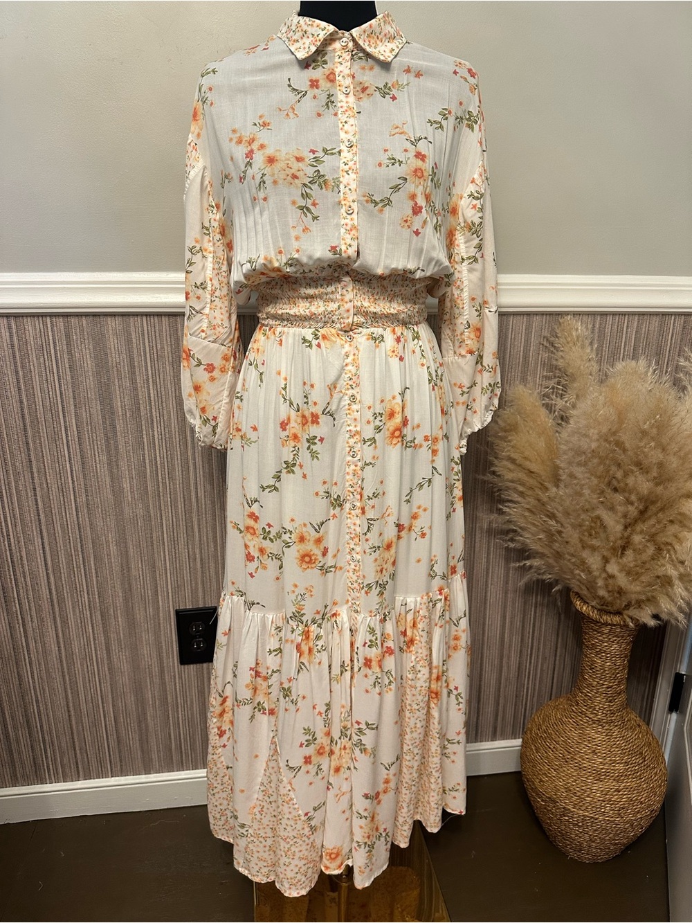 Dex NWT Peachy Floral Maxi Dress Small Smocked Waist Button Front Boho